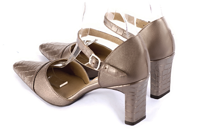 Bronze beige women's open side shoes, with an instep strap. Tapered toe. High comma heels. Rear view - Florence KOOIJMAN